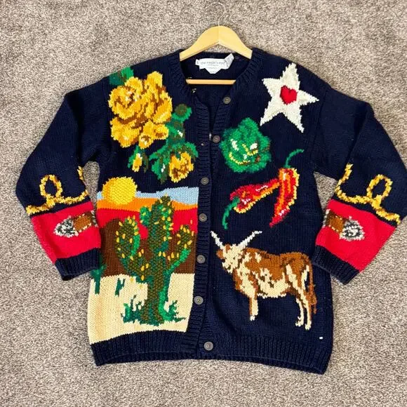 VTG The Eagle's Eye Hand Knit Cardigan Sweater Small Oversized Texas Longhorn - Picture 3 of 16